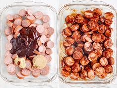 two glass dishes filled with different types of sausages and meatballs, one has sauce in it