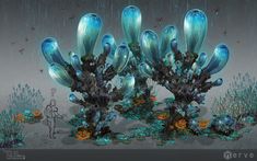 an image of some strange plants in the water with butterflies flying around them on a rainy day