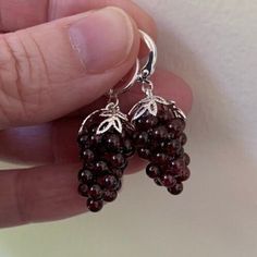 "Garnet GRAPE Silver Earrings. Unique historic reproduction jewelry by LADY DETALLE, elegant detail for you and your loved ones! The ORIGINAL GRAPE Earring design by LadyDetalle Mmmmm, delectable and detailed GRAPES: do you love grapes or wine?! I was so inspired by the many historic examples of grape earrings, especially the huge amount of examples in the Victorian era: grapes have so many different meanings, and grapes have been a popular and available motif in jewelry, with examples of gold g Elegant Vine-shaped Jewelry For Gifts, Victorian Garnet Jewelry Gift, Victorian Earrings With Lever Back For Gifts, Victorian Earrings With Lever Back Ear Wires As Gift, Elegant Grape Colored Jewelry For Gift, Handmade Garnet Earrings For Anniversary, Victorian Style Drop Earrings As A Gift, Victorian Style Drop Earrings For Gifts, Victorian Pendant Earrings As Gift