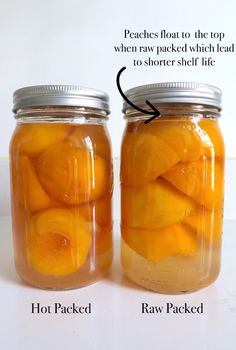 two jars filled with sliced peaches sitting next to each other