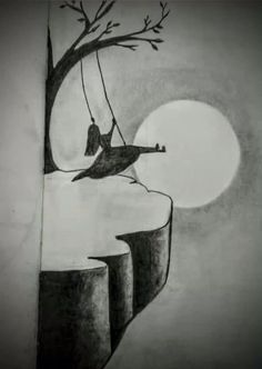 a drawing of a bird sitting on a tree branch with the moon in the background