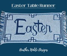 an embroidered table runner with the word easter written on it and fringed edges in blue