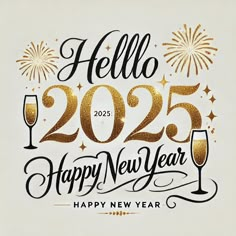 a happy new year greeting card with champagne glasses and fireworks in the background that says, hello 2055 happy new year