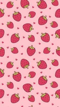 a pink background with hearts and strawberries on it