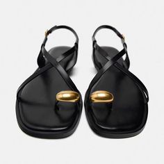 TRAF Metal Pinch Toe Flat Sandals Women  Summer Round Head Open Toe Flip Flops Shoes New Casual Cozy Blue Strappy Heels, Flat Strappy Sandals, Zara Flats, Zara Sandals, Toe Ring Sandals, Yellow Sandals, Mesh Heels, Strappy Sandals Flat, Zara Leather