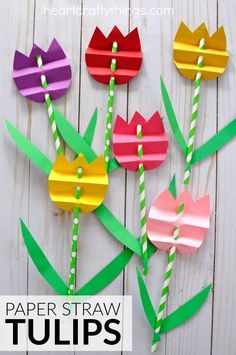 paper straw tulips made from strips of colored construction paper