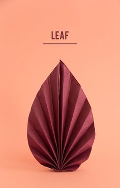 an origami leaf on a pink background with the word leaf above it in black