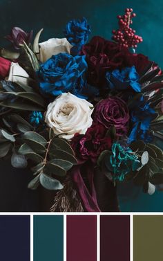 a bouquet of flowers is shown in shades of blue, red and green with the same color scheme