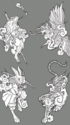 four dragon designs in black and white on a gray background, each with an animal's head