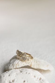 two gold rings sitting on top of a shell