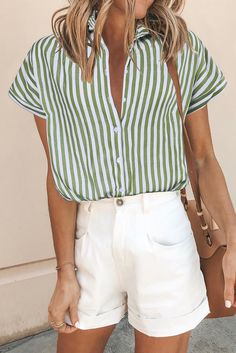 Green Short Sleeve Buttoned Striped Print Blouse Shorts Rosa, Fashion Blouse, Loose Blouse, Blouse Online, Pink Shorts, Print Blouse, Blouse Styles, Green Fashion, Shop Blouses