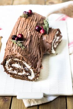 a piece of cake with chocolate frosting and cherries