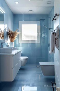 a bathroom with blue walls and tile flooring