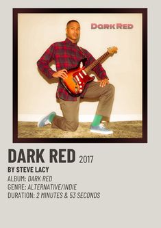 a man holding a guitar in front of a white wall with the words dark red on it