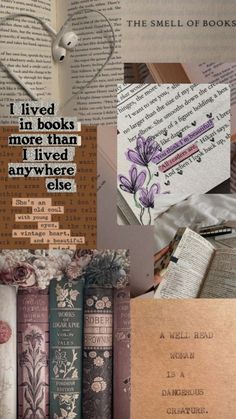 there is a collage of books with words on them and pictures in the middle