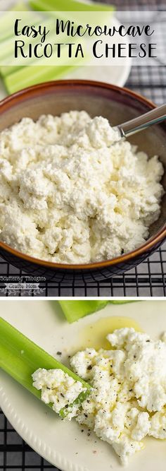 the ingredients to make ricotta cheese are shown in two separate bowls, one with celery