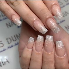 White Glitter Ombre Nails Square, Silver Nails Ballerina, Nude Nails Silver Glitter, Pageant Nails, Glowing Nails, Sns Nails Designs, Hoco Nails, New Years Eve Nails, Ombre Nails Glitter