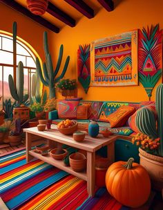 a living room filled with lots of colorful furniture and cactus plants on top of it