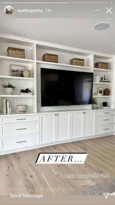 a white entertainment center with built - in shelving and wicker baskets