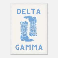 a blue and white poster with the word delta gamma on it's side