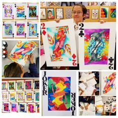 a collage of pictures with children holding paintings