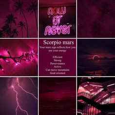 a collage of photos with the words scorpio mars in pink and purple