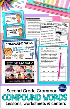 the second grade common and compound words worksheet is shown in this set of posters