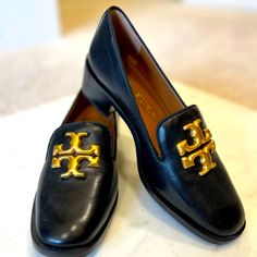 Never Used. Perfect Condition. Tory Burch Eleanor Heeled Loafer. Luxury Closed Toe Oxfords For Work, Designer Slip-on Oxfords For Work, Designer Closed Toe Loafers For Work, Ivory Ballet Flats, Blue Ballet Flats, Tori Burch, Tory Burch Ballet Flats, Striped Espadrilles, Mary Jane Ballet Flats