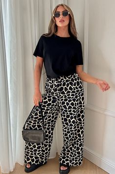 Shannon Black Giraffe Print Flared Trousers White Giraffe, Dalmatian Print, Giraffe Print