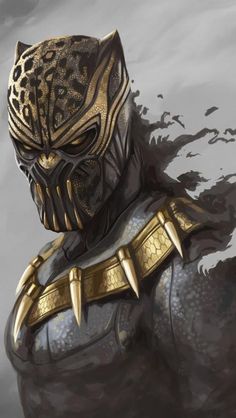 a black panther with gold armor on it's chest and his face painted to look like