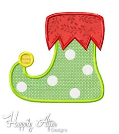 a green christmas stocking with red and white polka dots on the bottom, has a gold button at the top