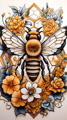 a drawing of a bee surrounded by flowers