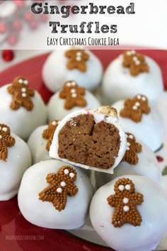 gingerbread truffles on a red plate with white frosting