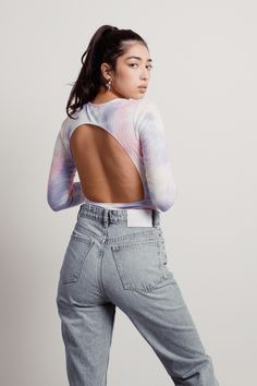 Tie Dye Open Back Bodysuit Fitted Bodysuit With Cutout Back, Spring Trendy Backless Bodysuit, Trendy Backless Bodysuit For Spring, Trendy Backless Spring Bodysuit, Purple Long Sleeve Bodysuit For Spring, Fitted Purple Bodysuit For Spring, Open Back Bodysuit, Lavender Tie, Pink Lavender