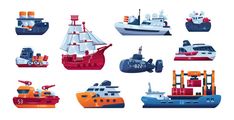 various types of boats and ships are depicted in this flat style illustration on a white background