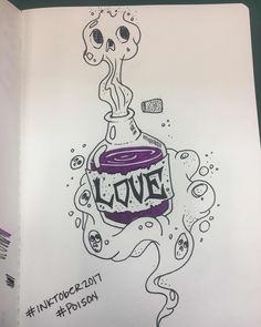 a drawing of a bottle with the word love in it and two skulls on top