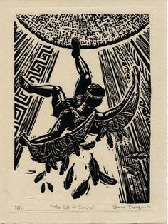 an old black and white drawing of a person on a bird with wings flying through the air