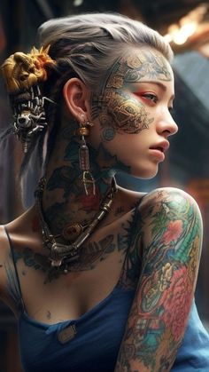 a woman with tattoos on her face and neck