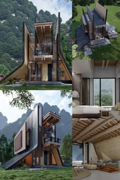 four different views of a modern house in the middle of some trees and mountains, with stairs leading up to the upper floor