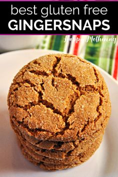 a stack of ginger snap cookies sitting on top of a white plate with text overlay