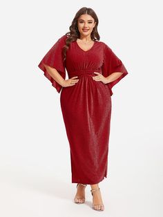 Curvesoul Plus Size Ruched Waist Glitter Maxi Dress | Red Glitter Maxi Dress, Plus Size Holiday, Flare Sleeve Dress, Flare Sleeves, Holiday Wear, Glitter Dress, Plus Size Womens Clothing, Font Size, Cinched Waist