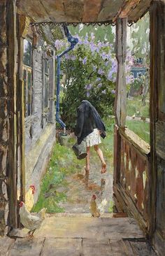 a painting of a woman walking out of an open door with chickens on the ground