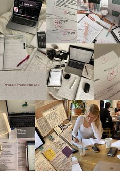 a collage of photos with papers, laptops and other things on the table