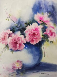 a painting of pink flowers in a blue vase