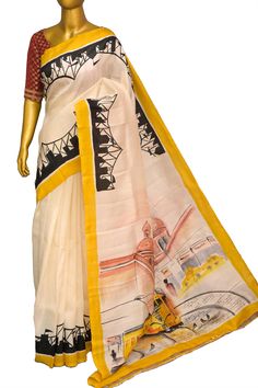 Are you looking for a hand-painted Kolkata scene on a saree canvas? The urban hand painting of Kolkata scenes - like in this we see Victoria Memorial with an electric tram glistening along with cityscape and more- elevating the beauty of this off-white and yellow silk mark saree. Color: A shade of offwhite and yellow color Technique: Work of hand painting done in a distinct form with pure handloom weaving Fabric: Bishnupur Katan Silk Quality: IndyVogue's Assurance of Silk Mark Certification Note