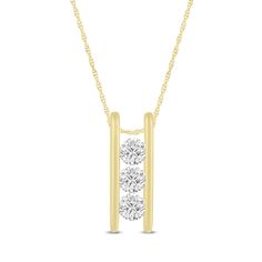 This exquisite pendant features three lab grown diamonds, elegantly set in a ladder design that cascades beautifully. Crafted in 14K yellow gold, it exudes a warm, luxurious glow that complements any outfit. Its timeless design and sustainable diamonds make it a cherished piece for any jewelry collection. | 3/4 ct. tw. Lab Grown Diamond Three-Stone Ladder Pendant Necklace | 14K Yellow Gold | Size 18" | Helzberg Lab Grown Diamonds Ladder Design, Pendant Ideas, Bar Pendant Necklace, A Ladder, Bar Pendant, Three Stone, Spring Rings, Diamond Pendant, Lab Grown