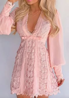 Our Butterfly Puff Sleeve Mini Dress is a light pink colored dress with a vintage style. It has long sleeves that are puffed, giving the dress a girly and playful look. The dress is made of a lightweight fabric that falls gracefully on the body, making it perfect for summer days. The vintage style is evident in the bell sleeves, the full skirt, and the delicate lace trim throughout. This dress falls above the knee with a plunging neckline bringing a modern twist to this vintage inspired dress. T Elegant White Dress, Lace Dress Casual, Butterfly Lace, Boho Mode, White Lace Mini Dress, Lantern Sleeved Blouses, Patch Work Blouse, Lace Dress Long, Long Sleeve Lace Dress