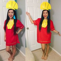 two pictures of a woman wearing a red dress and yellow hat