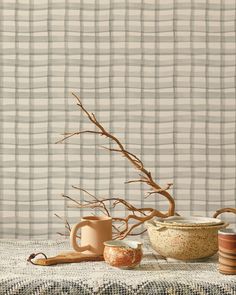 a table topped with bowls and cups next to a tree branch