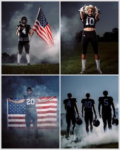 four photos of football players holding american flags and posing for the camera with their hands on their hipss